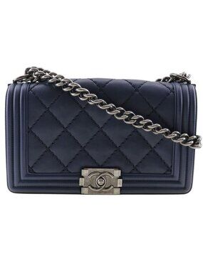 Chanel Boy Chain Shoulder Bag Quilted Lambskin Navy Blue